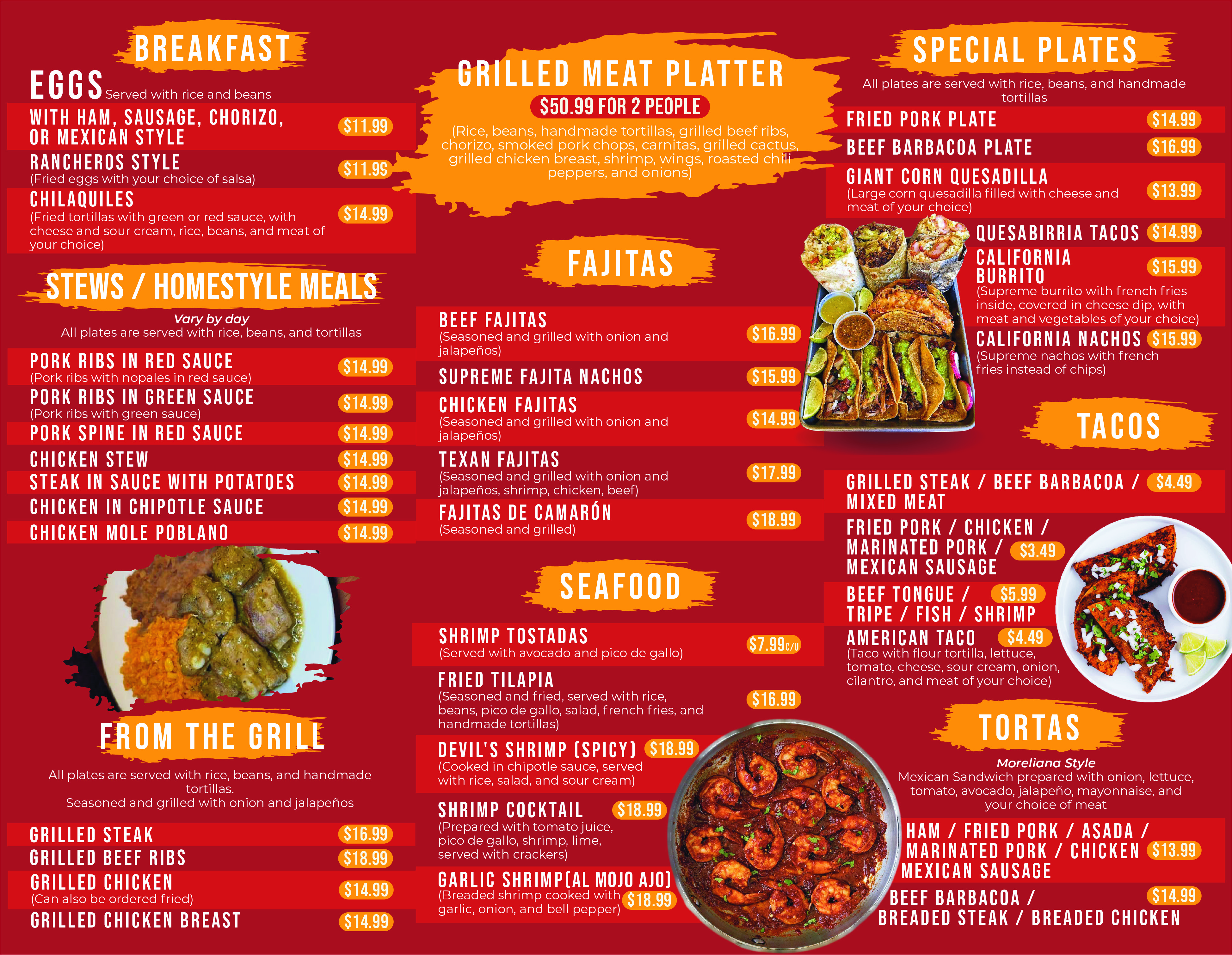 La Moreliana Tacos menu page 2 — Mexican breakfast, stews, grilled meats, fajitas, seafood, tacos and tortas with prices